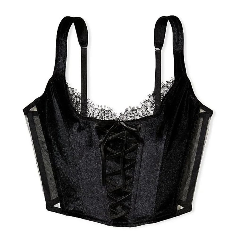 Victorias Secret Dream Angels Unlined Lace-up Velvet Corset Top Bra Black